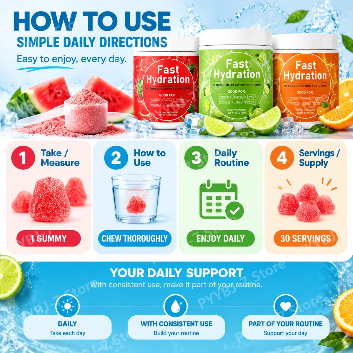 Electrolyte Drink Powder 3 Flavors with Sodium Potassium Magnesium Vitamin C B12 Supports Fluid Balance Energy & Endurance 158g