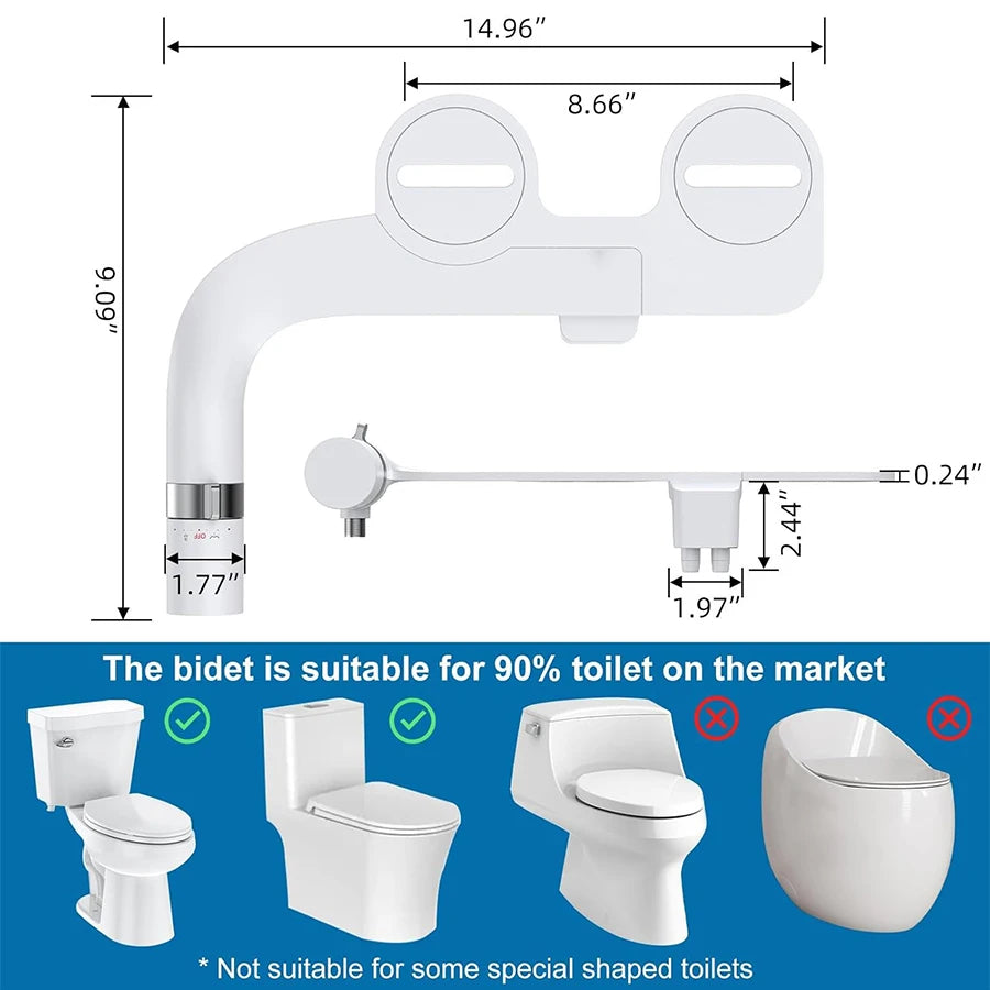 Non-Electric Ultra-Slim Bidet - Dual Nozzle Self-Cleaning Fresh Cold Spray, Adjustable Pressure for Feminine & Rear Hygiene