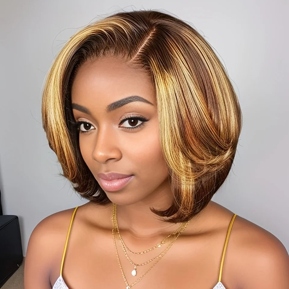 Straight Short Bob Wig 13x4 Lace front Bob Wigs Brazilian Human Hair Wig Preplucked For Woman Short Pixie #1B30 Color ﻿