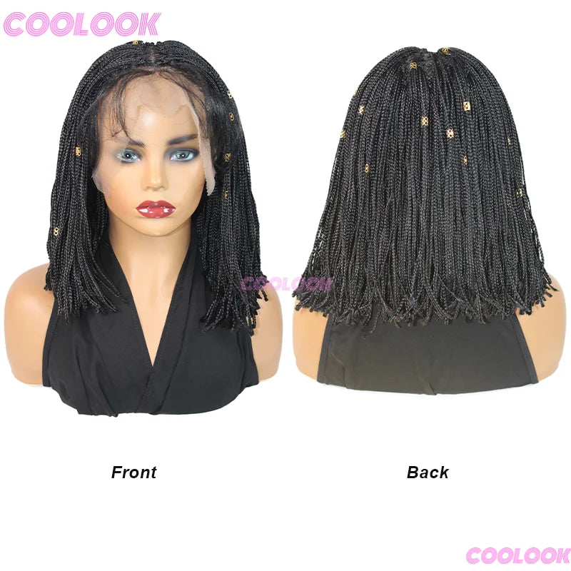 12" Short Braided Wigs For Women Synthetic Wig 6*6 Lace Braids African Wigs Cornrow Micro Black Wig
