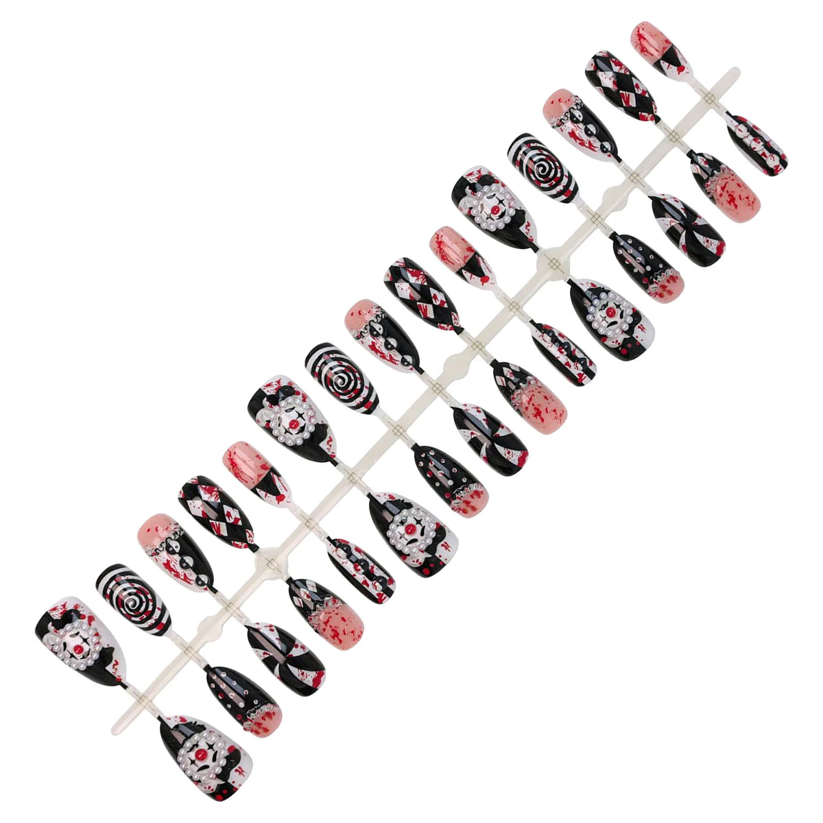 30pcs Funny Dark Clown Press On Nails Halloween French Style Almond False Nails 3D Relief Pearl Spiral Stripes Designs Fake Nail