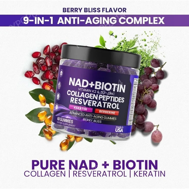 Biotin Collagen Gummies with NAD+ Resveratrol Vitamin D3 K2 Zinc Daily Beauty Wellness Supplement 60 Count Berry Flavor