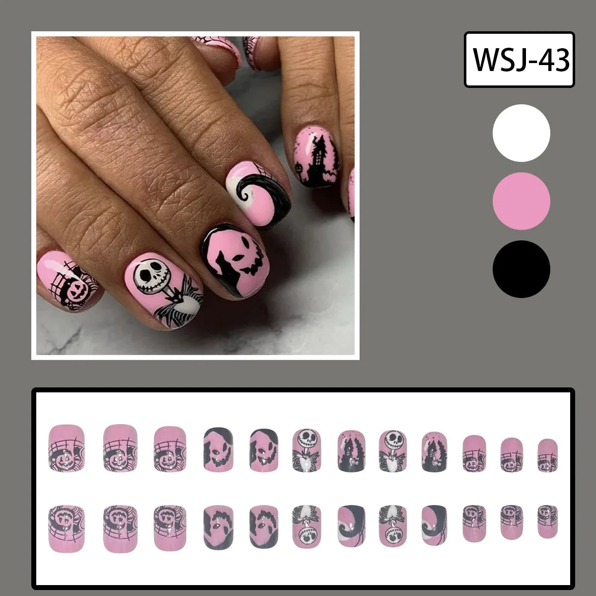 24pcs Short Halloween Fake Nail Patch Black Bat Skull Pattern False Nails Full Cover Wearable Sweet Cool Pink False Nail Tips