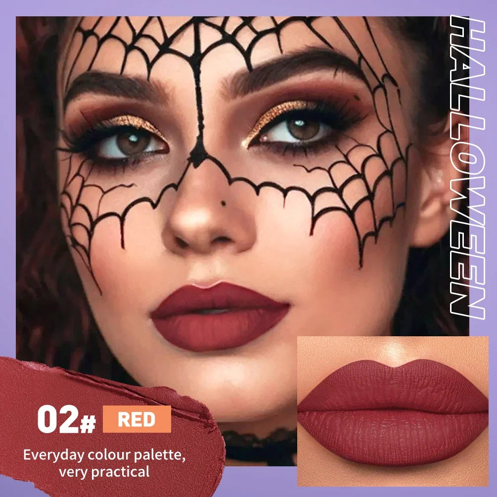 QIBEST Halloween Lipgloss Makeup Sets Matte Liquid Lipstick Waterproof Red Lipgloss Black Purple Orange Non-Stick Cup Lipstick