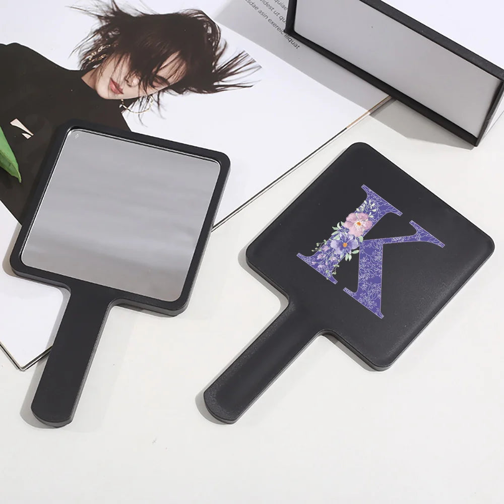 Fashion Universal Square Handheld Makeup Mirror With Handle Portable Vanity Mirror Initial Name Purple Flower 26 Letters Pattern