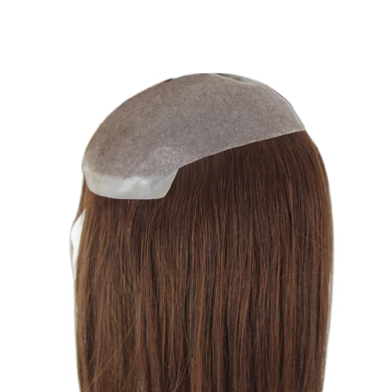 Women Toupee Full PU V Loop Injection Human Hair Wigs Indian Hair Extension Hairpiece System Brown Hair Topper Natural Color 613