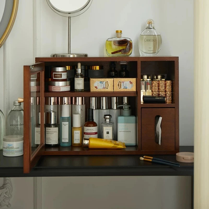 Mid Century Solid Wood Cosmetic Storage Box Drawer Organizer for Perfume Skincare Desktop Vanity Cabinet Rustic Makeup Holder