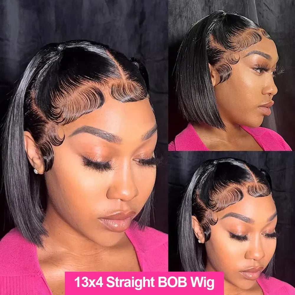 13x4 HD Bone Straight Lace Frontal Human Hair Brazilian Short Bob Wig For Women 220% Straight Lace Front Bob Wigs ﻿