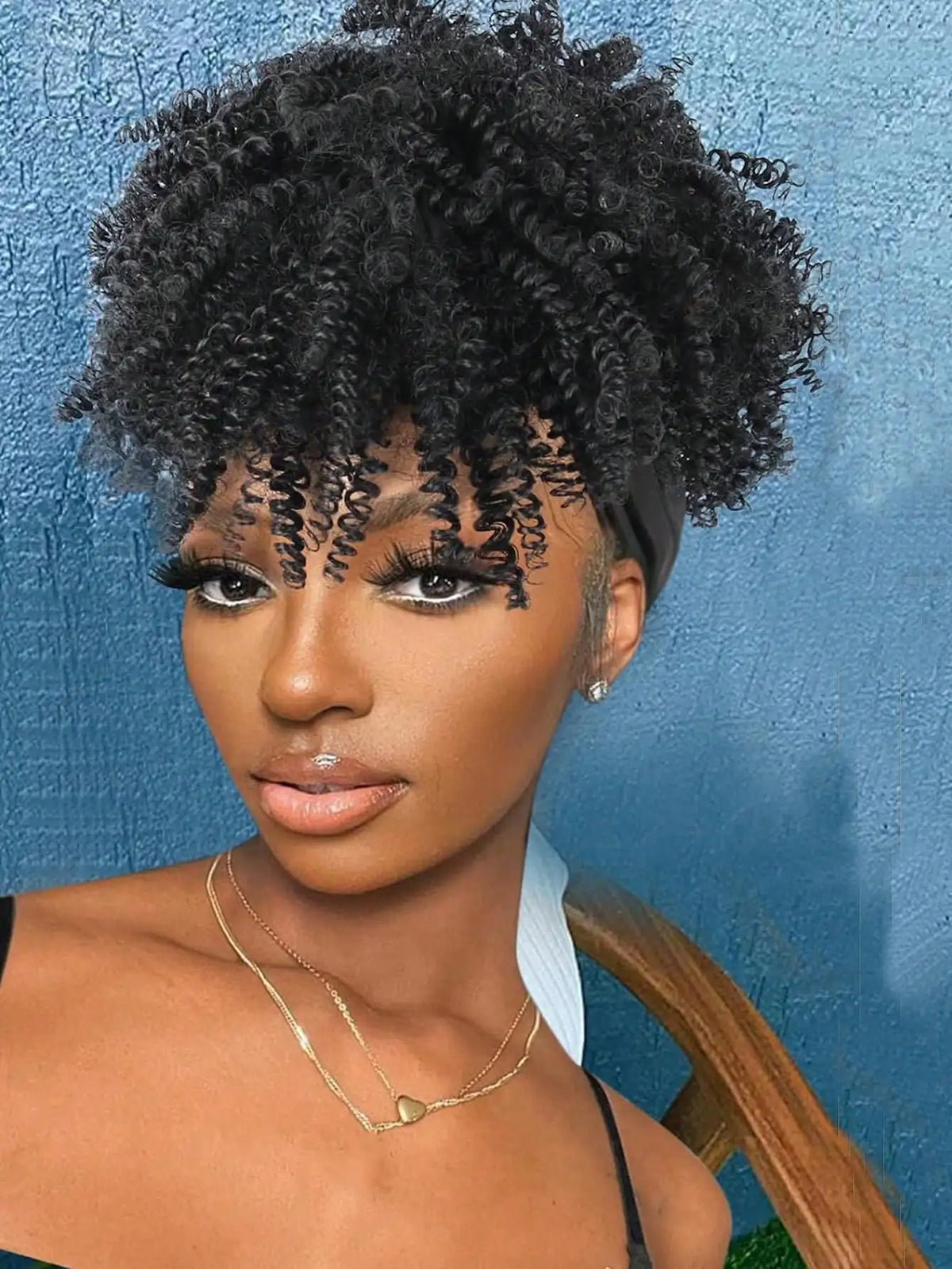 Headband Wigs for Synthetic Short Afro Kinky Curly Wigs Dark Brown Wig with Bangs Wrap Wigs 2 in 1 synthetic Wig Drawstring