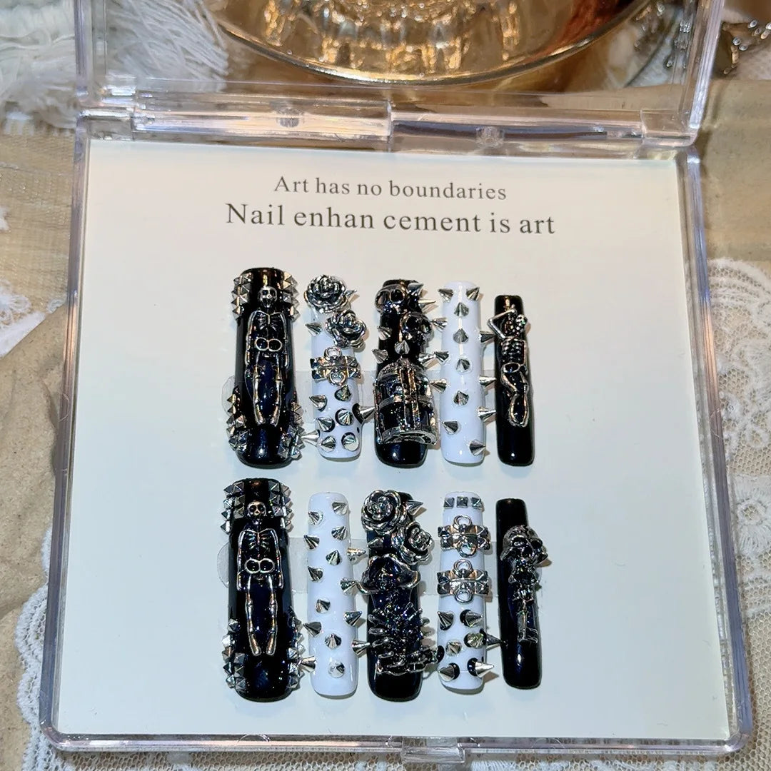 10pcs Handmade Long Coffin Press on Nails Halloween Cyberpunk Dark Rivet Design False nails European Heavy Metal Fake Nail Tips