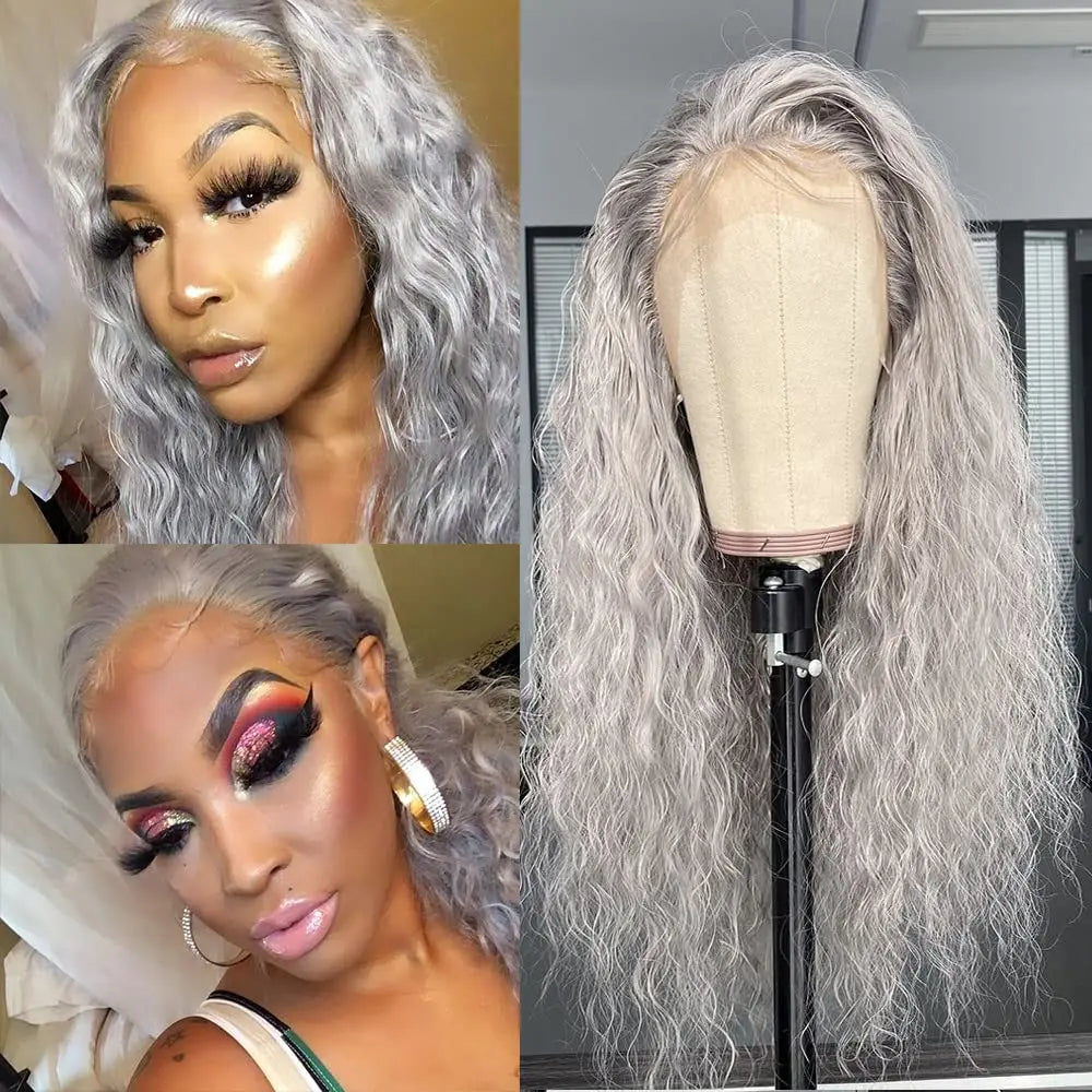 Charisma Synthetic Lace Wigs Long Curly Wig Light Grey Wigs For Women Heat Resistant Fiber Synthetic Wig 26 Inches Pelucas