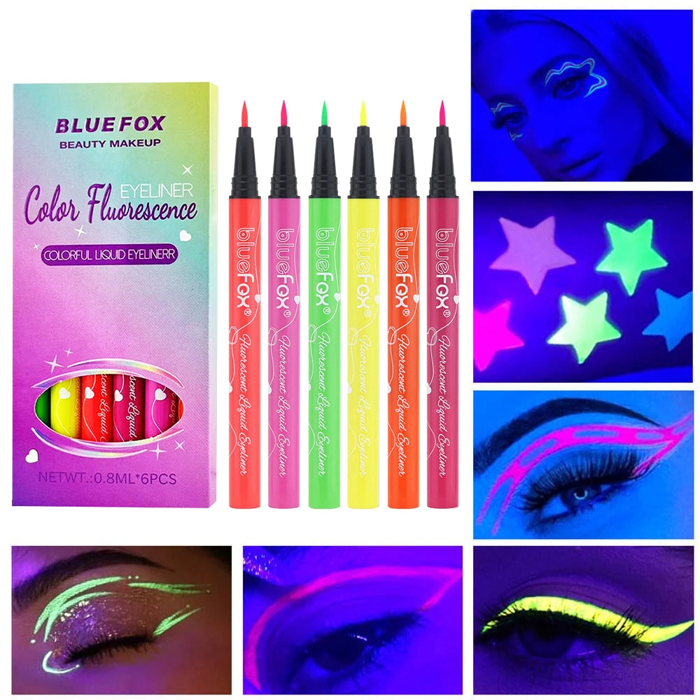 6Pcs Neon Fluorescent UV Glow Eyeliner, Waterproof Long Lasting Colorful Liquid Eye Liner, Rave Party Halloween Makeup Tools