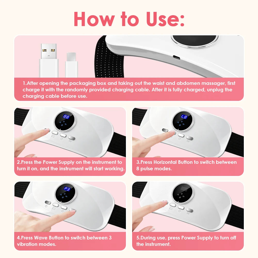 Cordless Abdominal Heating Massage Belt - 8 Vibration Modes, 3 Hot Compress Levels, for Menstrual Period,Daily Muscle Relaxation