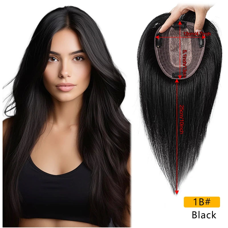 10 Inch 100% Human Hair 13X12cm Hairnet Clip in Hair Topper Extension with Bangs Top Wig Piece for Women Daily Life
