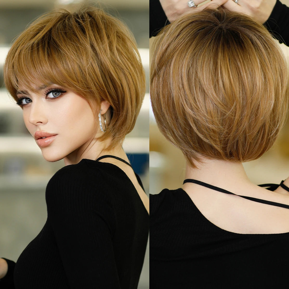 7JHH WIGS Ombre Black Blonde Bob Wig for Women Daily Party Synthetic Straight Short Hair Wig with Fluffy Bangs Pixie Cut Wigs