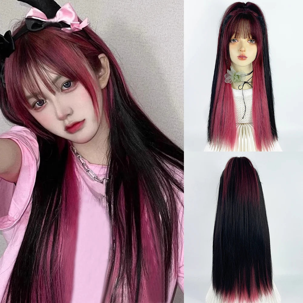 Black Ombre Pink Highlights Long Straight Synthetic Wig Double Color Girl Cosplay Daily Use With Bangs Lolita Wigs