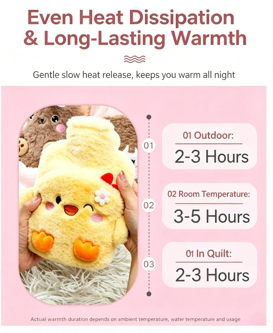 Cute Cartoon Plush Hot Water Bottle, Removable Plush Cover Thick Explosion‑proof PVC Hot Water Bag Hand Warmer for Winter