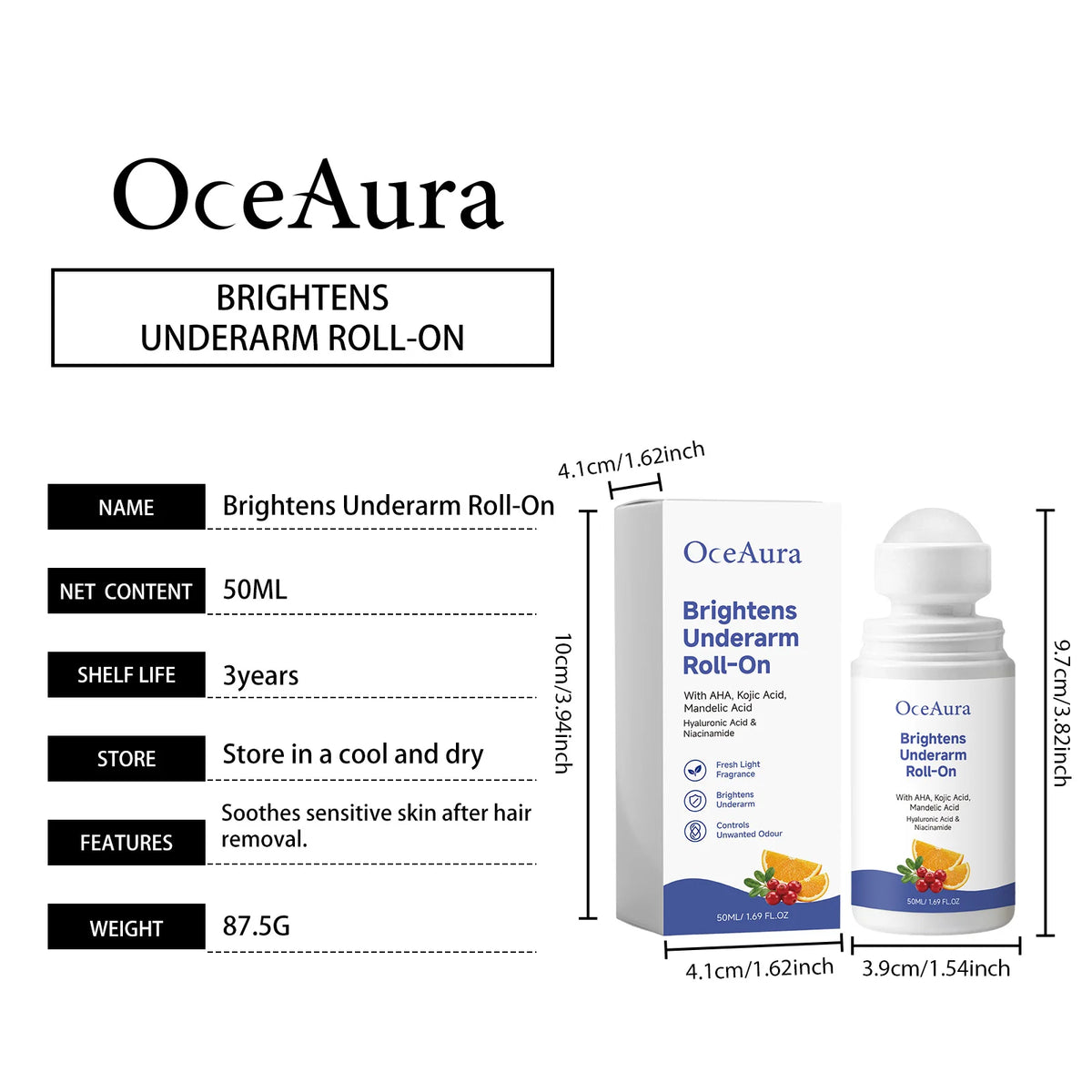 OceAura Kojic Acid Underarm Brightening Deodorant Roller Refresh Body Odor Improve Dark Armpits Underarm Care Roll‑on Deodorant