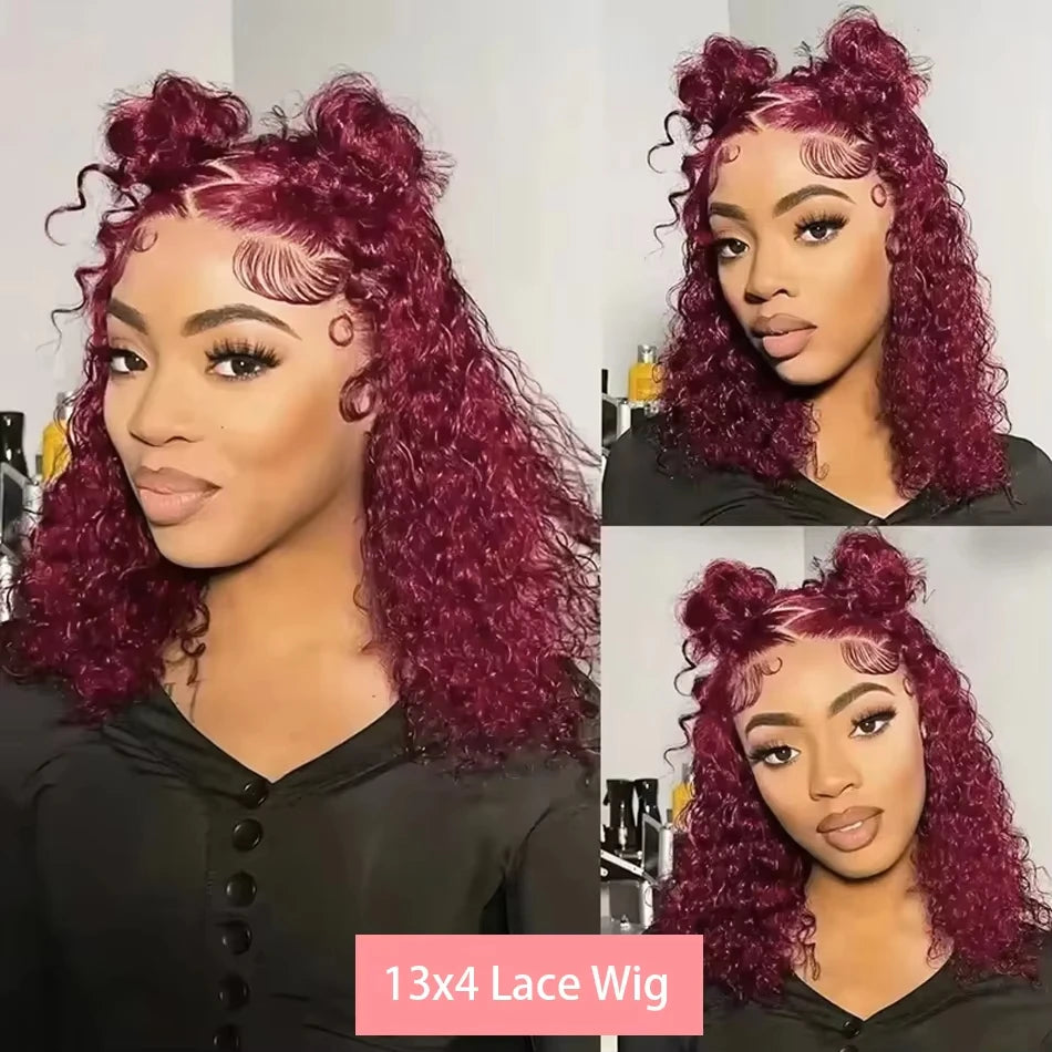 180 Density Burgundy 99J Short Bob Wigs Deep Wave 13x4 HD Lace Front Human Hair Wig Water Deep Curly Glueless Lace Closure Frontal Wig