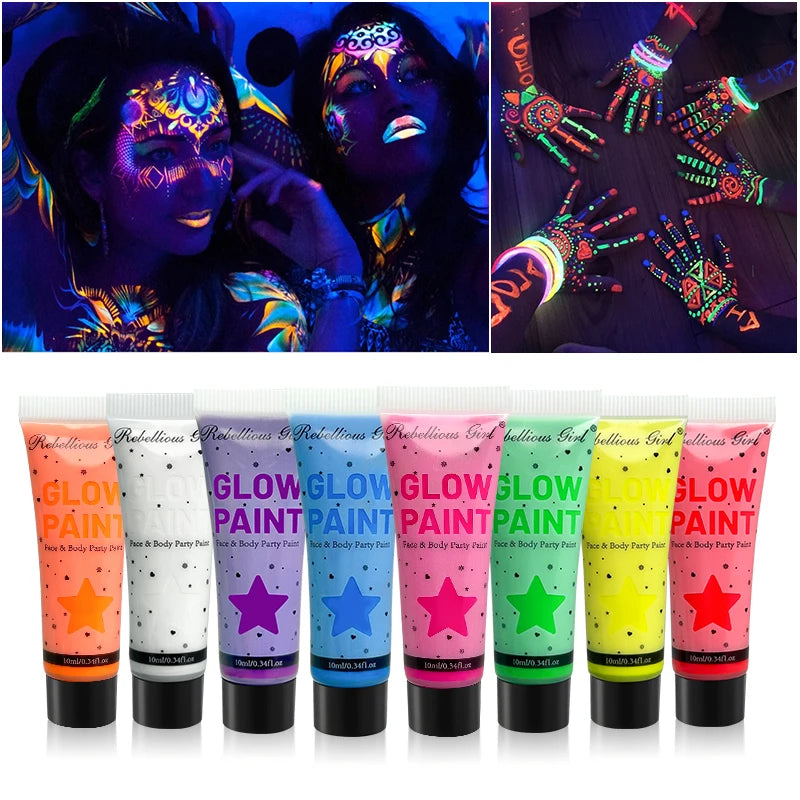 10ml 8 Colors UV Blacklight Face Paint with tattoo stickers，Fluorescent Neon Body Paints,Washable Quicker, Mardi Gras Halloween