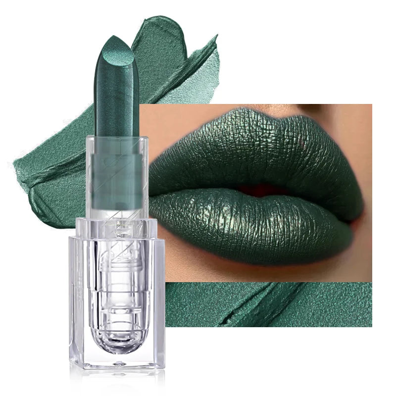 Halloween Shimmer Metallic Lipstick, Dark Green Glitter Lip Stick Long Lasting Gothic Party Lip Makeup