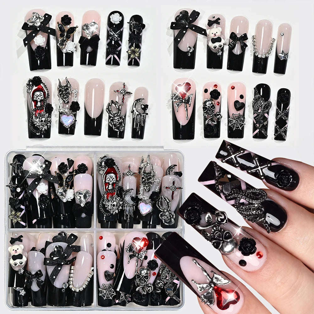 96Pcs Y2k Halloween Punk Black French Fake Nails 3D Metal Alloy (Cross Butterfly Skull Spider) Horror Press On Nail Gothic Nails