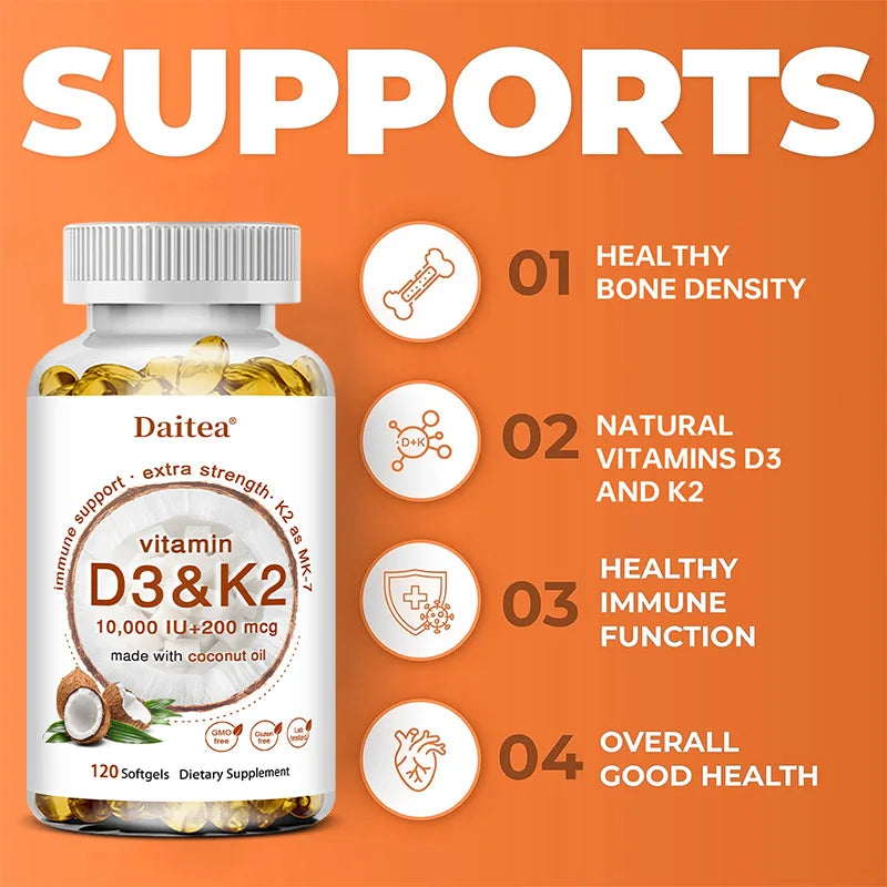 Vitamin D3+K2 Capsules - Help Calcium Metabolism Promote Bone Teeth and Skin Health Support Immunity