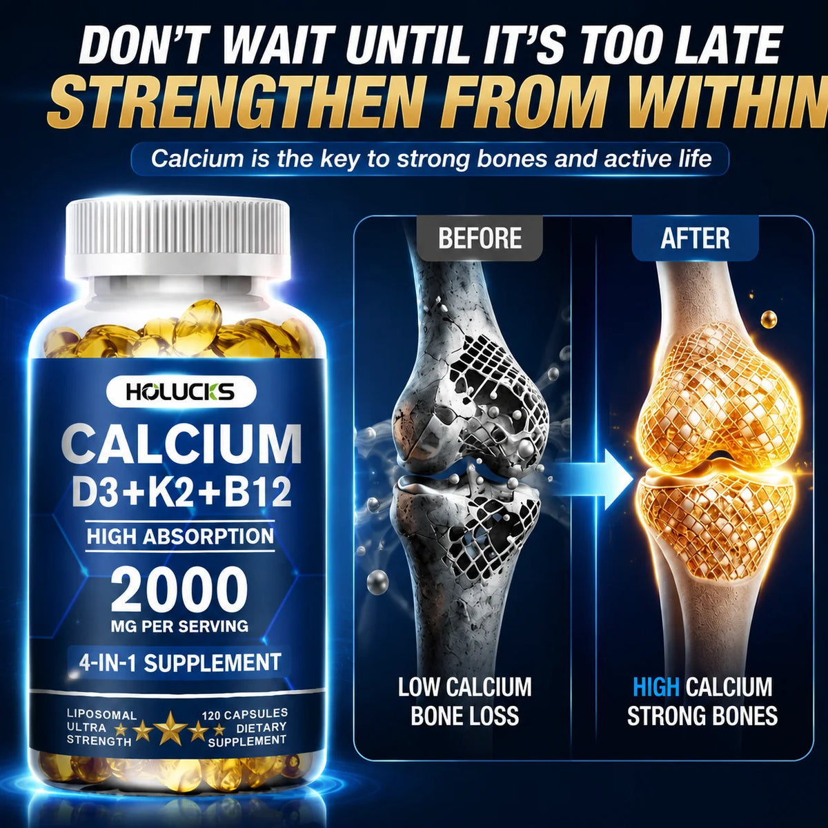 Calcium Supplements, with Vitamin D3 K2, Support Bone Muscle TeethHealth, Replenish Joints, Calcium Absorption