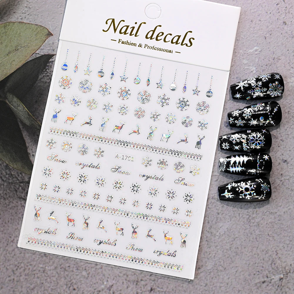 1pcs Holographic Laser Snowflakes Christmas Nail Stickers Starburst Snowman Christmas Nail Decals Metallic Xmas Manicure Sliders