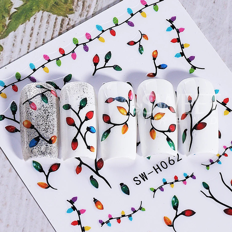 2pcs Glow In The Dark Christmas Nail Stickers Colorful Light Bulb Star Xmas Tree Pattern Nail Decals DIY Manicure Decor Sliders