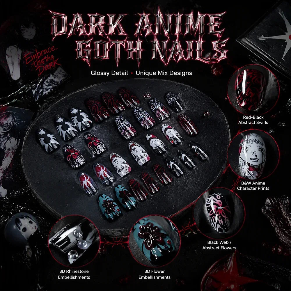 24Pcs Gothic Anime Press On Nails Black Red Almond Oval Fake Nails with 3D Rhinestone Spider Flower for Y2K Halloween Party Wear