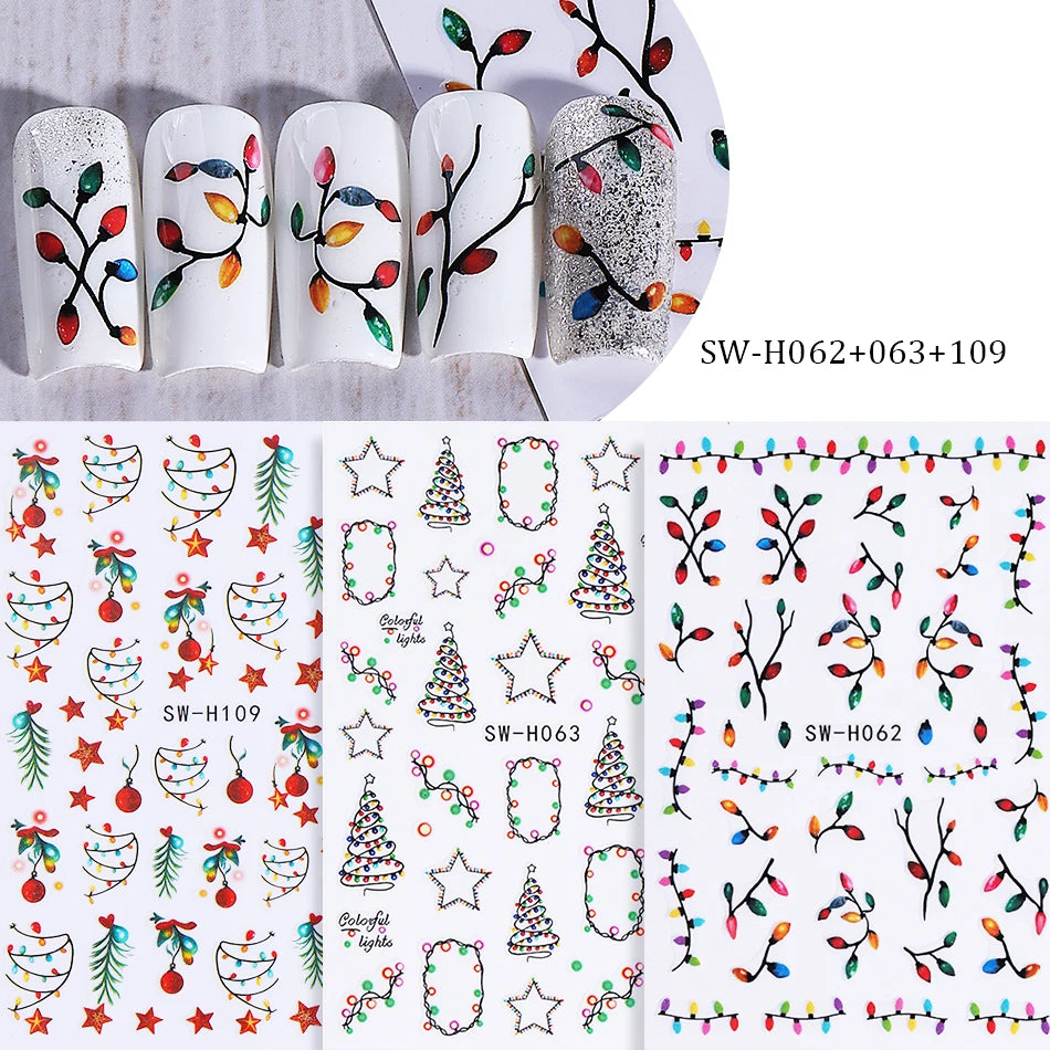 3pcs Glow In The Dark Christmas Light Nail Stickers String Lights Xmas Tree Star Adhesive Nail Decals DIY Manicure Decoration