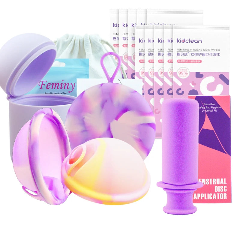 Feminy Menstrual Disc Kit Medical Grade Reusable Soft Silicone Period Disc with Sterilizer Case Applicator Leakproof Monthly Cup