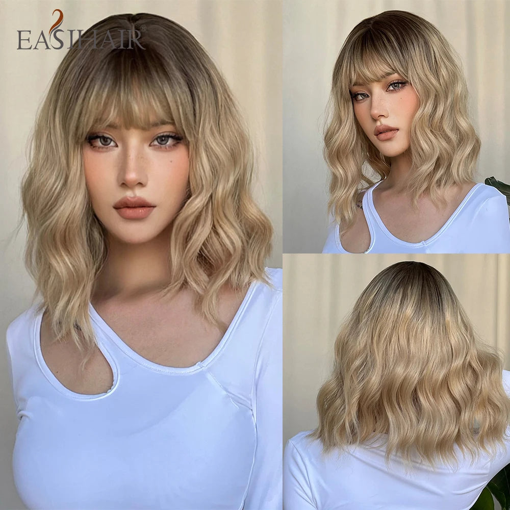 EASIHAIR Short White Bob Synthetic Wigs Short Wavy Lolita Natural Hair Wigs with Bangs for Women Heat Resistant Cosplay Wig