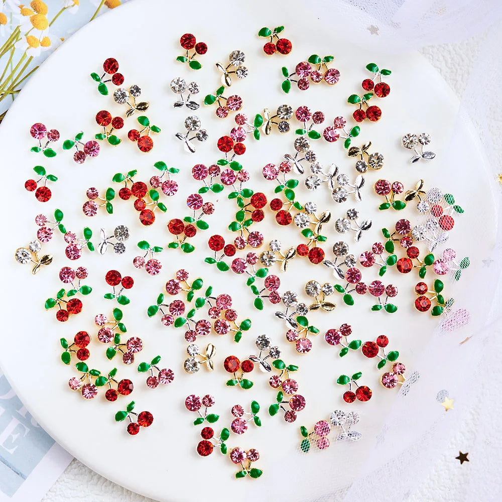 20Pcs Glitter Cherry Rhinestone 3D Nail Charms 10mm Red & Pink Cherry Christmas Nail Art Y2K Alloy Metal Gold Cherry Nail Part