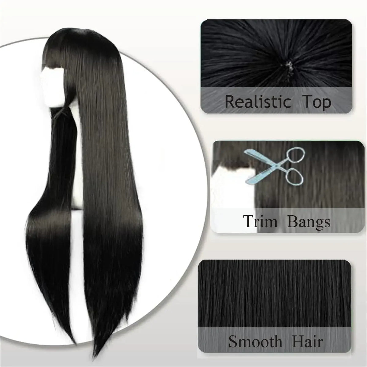 Anime Cosplay Wig Long Straight Flat Bang Synthetic Wig Anime Black Hair Wigs