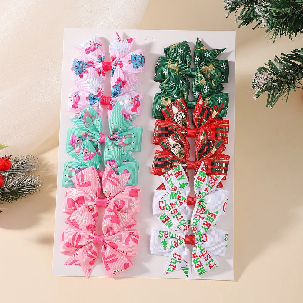 12Pcs Christmas Bow Hair Clips Set Printed Grosgrain Ribbon Pinwheel Bow Barrettes Little Girls Xmas Holiday Hair Accessories