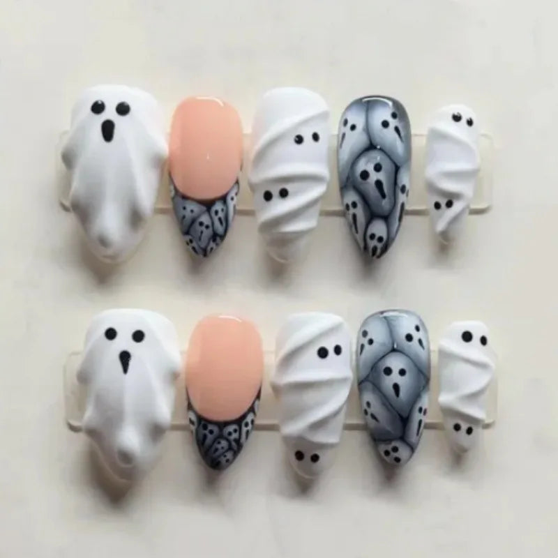 30pcs Halloween Press On Nails Gothic Skeleton Skull Spider Web Black Cat Haunted House Fake Nail Almond False Nail for Women