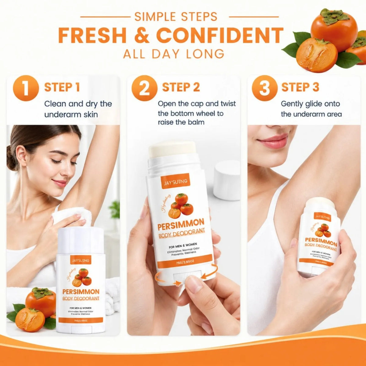 75g Persimmon Moisturizing Body Deodorant Stick Odor Control Anti Wetness Long Lasting Fresh for Underarm Care for Women Men