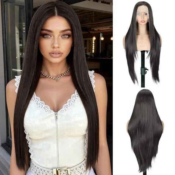 QUEENTAS 40 Inch Black Wig with Bangs Long Black Wigs for Women Synthetic Straight Hair Party Daily Wear