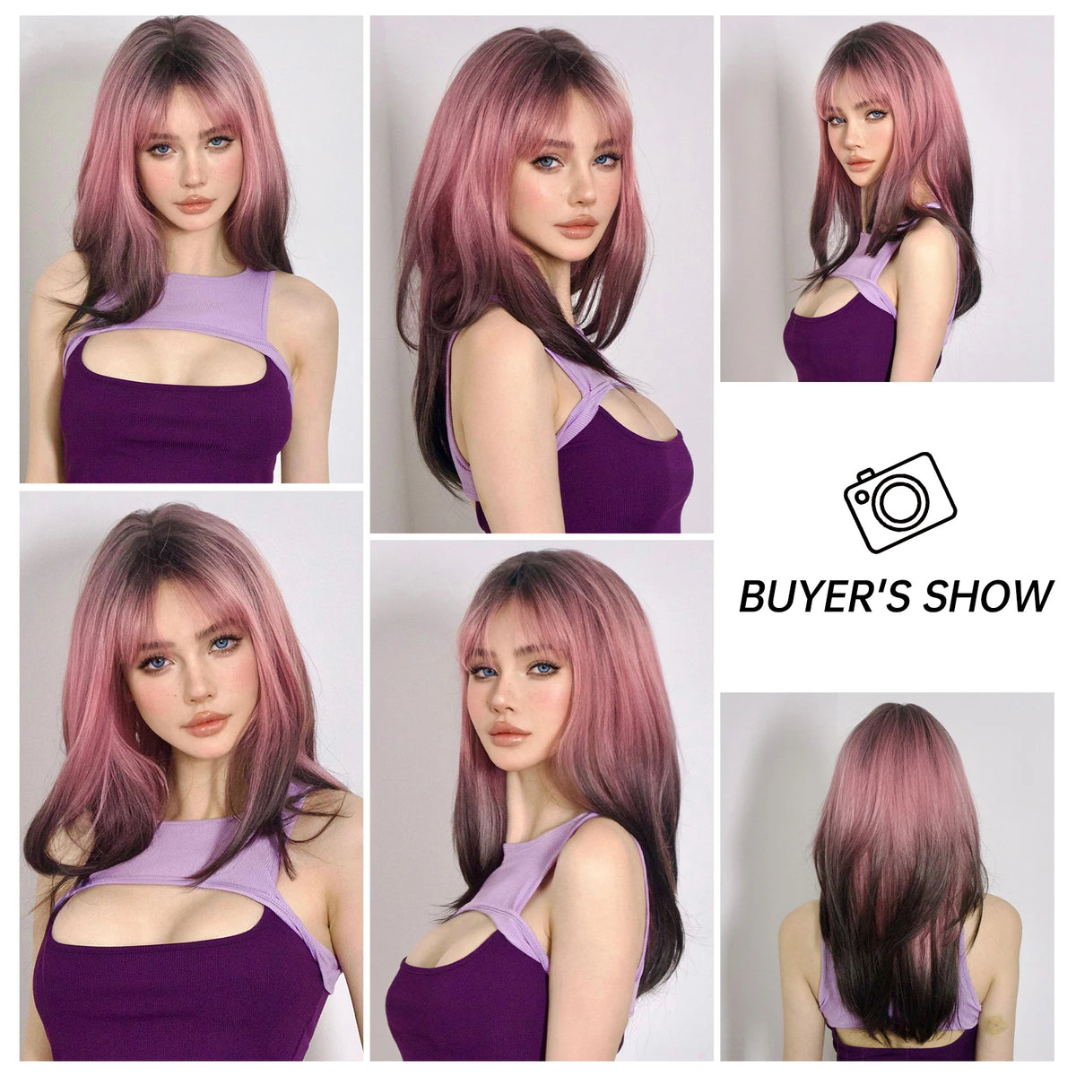 Long Straight Black Pink Ombre Layered Synthetic Wigs with Bangs for Women Afro Colorful Cosplay Wigs Heat Resistant Fake Hair