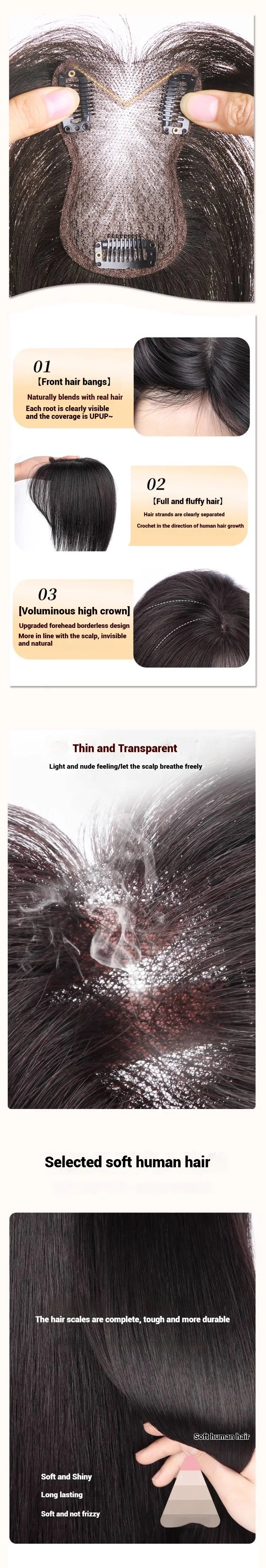Ultra-Thin Mesh Hair Toppers 8x11cm Clip-In Bangs Hairpiece for Women Fluffy Real Hair Increase Volume Cover White Hair