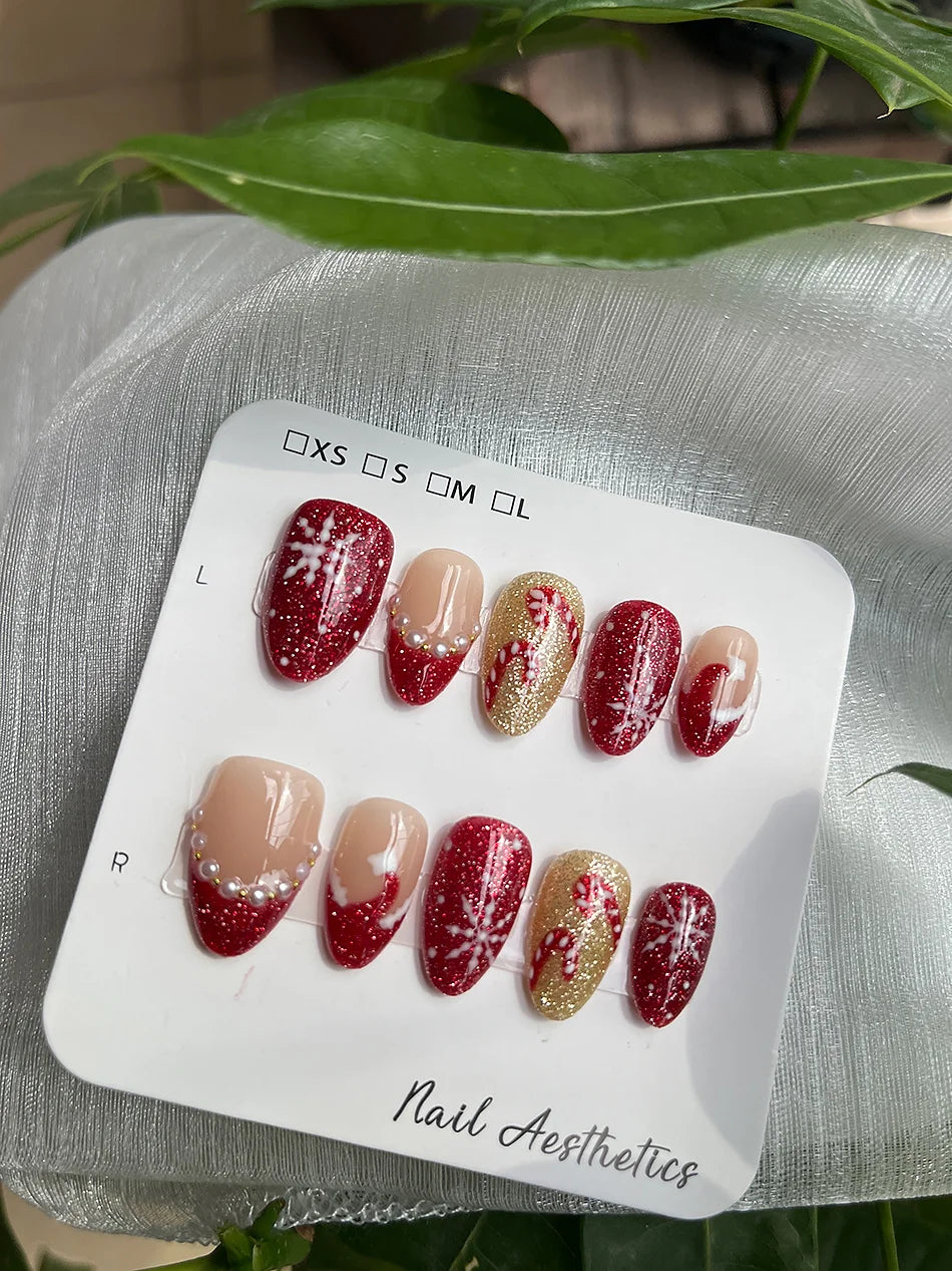 Hand Painted Christmas Fake Nails Short Almond Red Glitter Snowflake Candy Cane Pearl French Press On Nails Reusable  10 Pieces