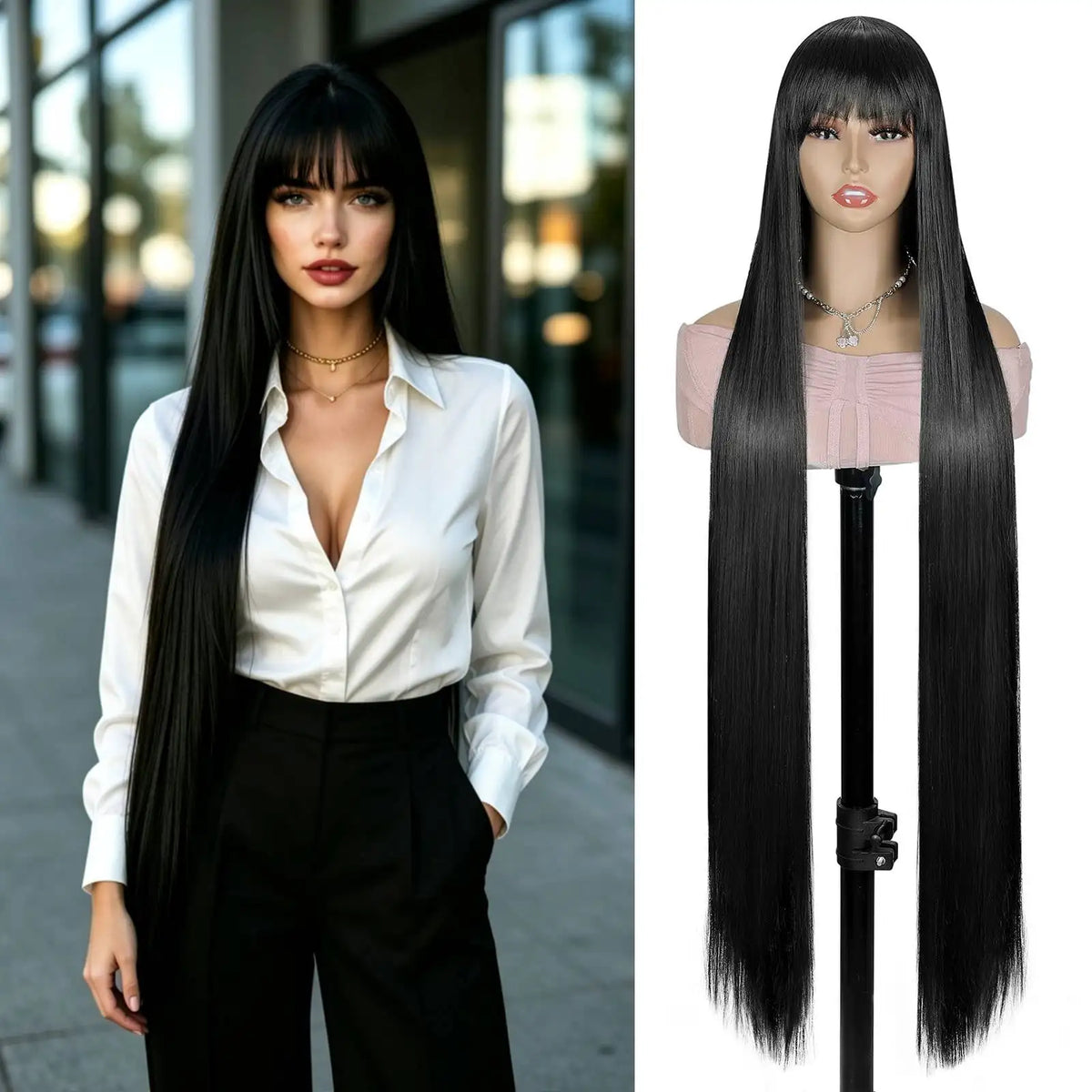 QUEENTAS 40 Inch Black Wig with Bangs Long Black Wigs for Women Synthetic Straight Hair Party Daily Wear