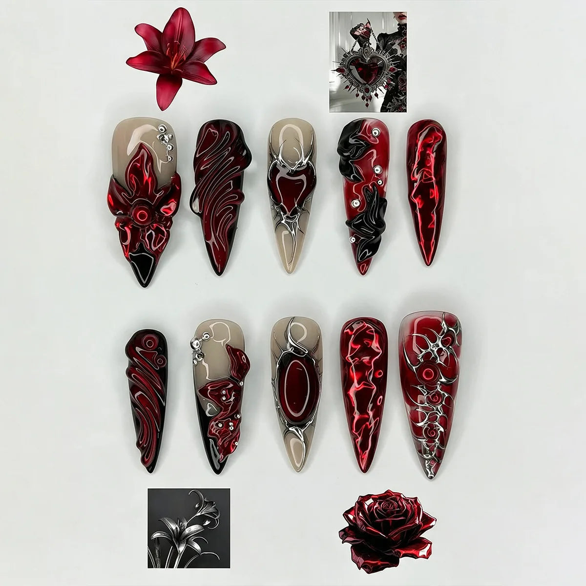 24PCS Gothic Red Smudging Long Stiletto Fake Nails 3D Metallic Silver Chain French Press on Nails Full Cover Halloween Nail Tips