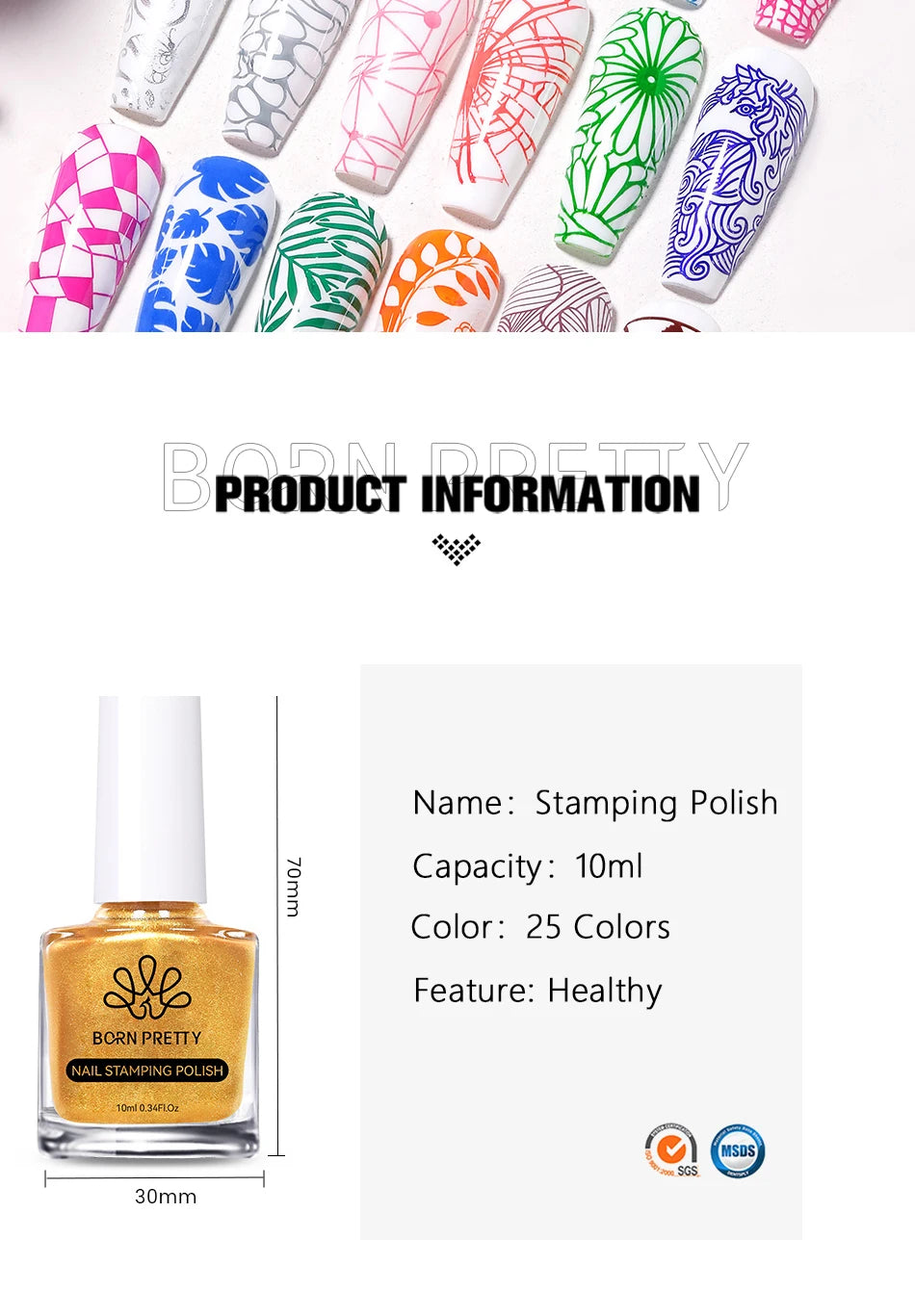BORN PRETTY 10ml Stamping Nail Polish Set Gold Silver Black White Color Nail Printing Polish DIY for Nail Plate Design Varnish