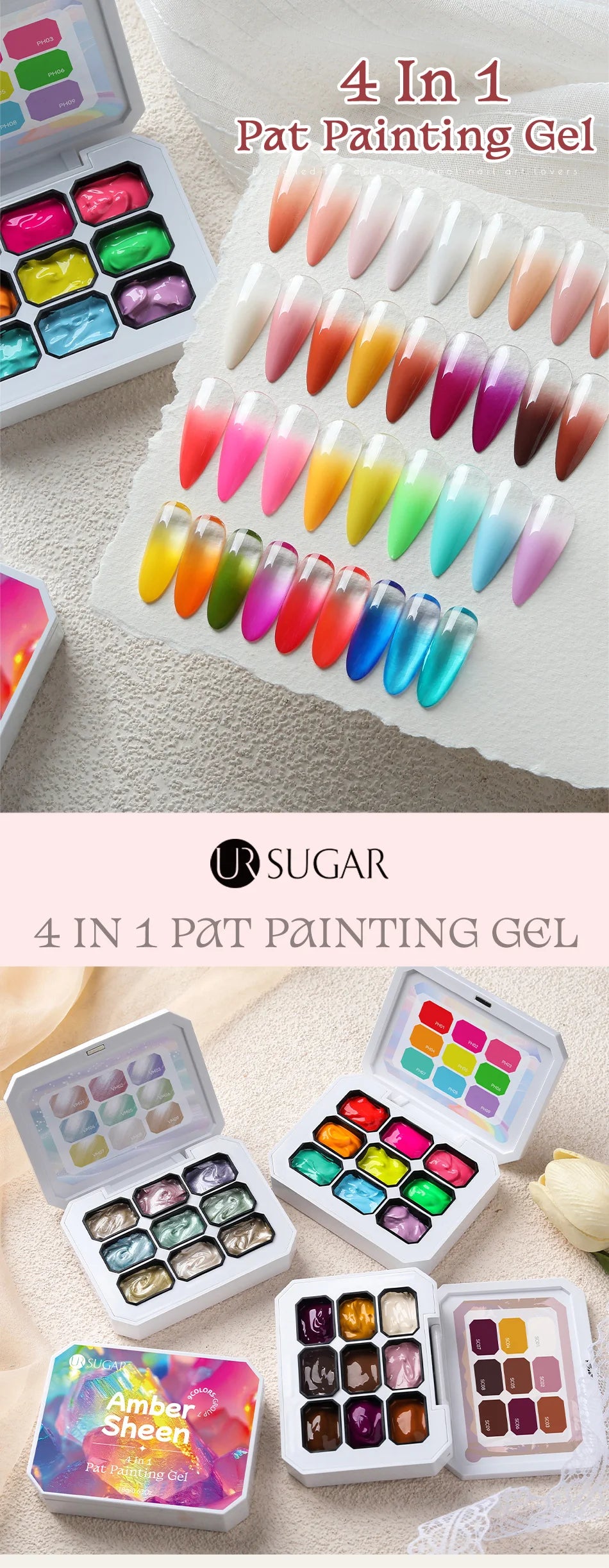 UR SUGAR 4 In 1 Pat Painting Gel Nail Polish Blooming Transfer Design UV LED Soak Off Gel Varnish Gradient Patting Gel Palette