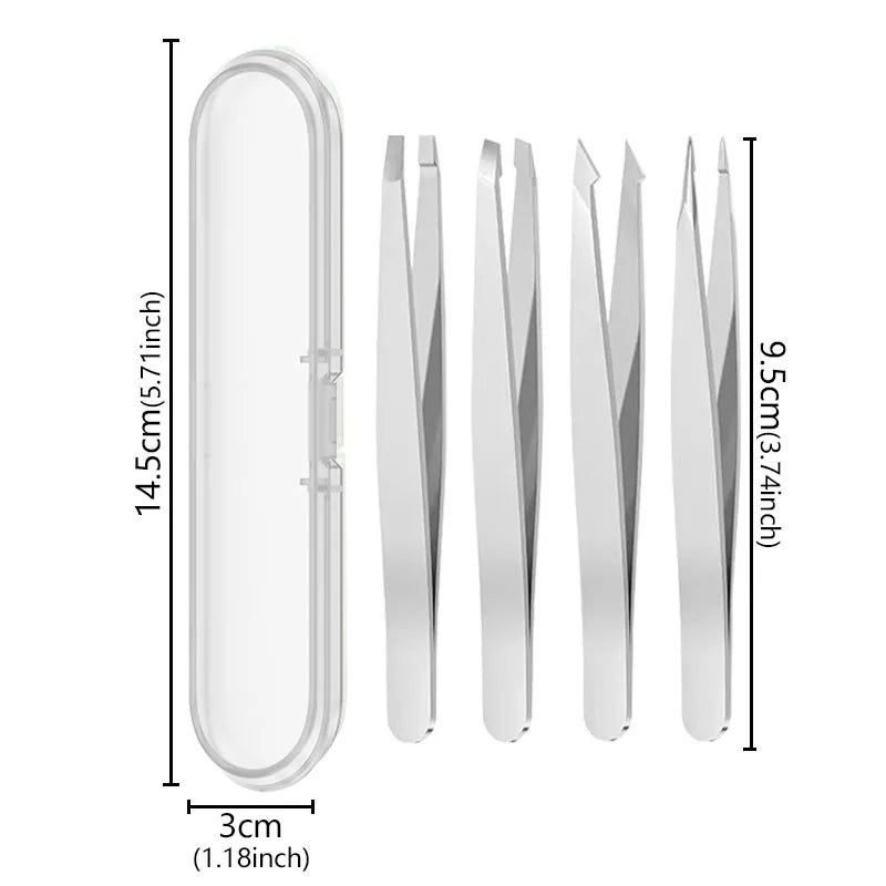 4Pcs Face Hair Removal Eyebrow Tweezers Pincet Clips Stainless Steel Lash Extension Tweezers Slant and Flat Point Beauty Tools