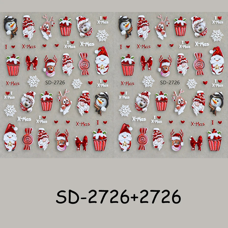 2 pcs Christmas Series Nail Stickers Cartoon Santa Claus Snowman Deer Bear Penguin Nail Decals Winter Xmas Holiday Nail Supplies