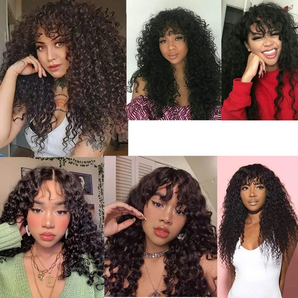 Water Wave Human Hair Wigs With Bangs For Women Full Machine Made Wigs Cheap Brazilian Remy Hair Wigs